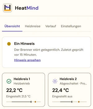 Das Dashboard des Pilotsystems auf dem Handy: ein Hinweis zum Brenner und zwei Heizkreise mit Temperatur.